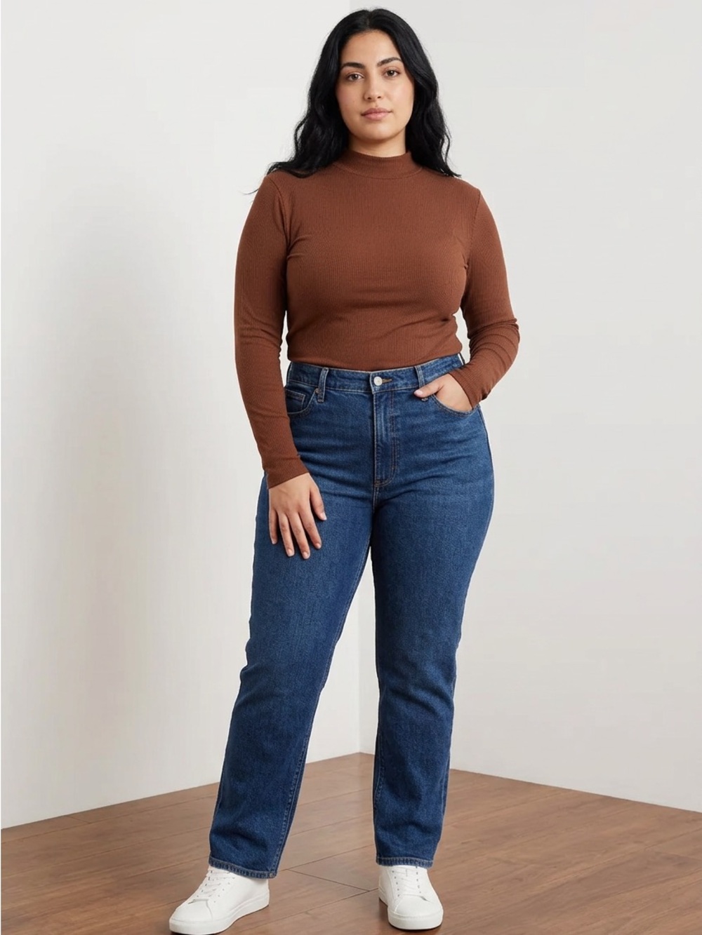 Classic Long Sleeve Mock Neck Top in Brown